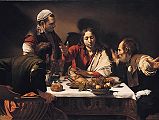 London National Gallery Top 20 11 Caravaggio - The Supper at Emmaus Caravaggio - The Supper at Emmaus, 1601, 141 x 196.cm. Two of Jesus' disciples were walking to Emmaus after the Crucifixion when the resurrected Jesus himself drew near and went with them, but they did not recognize him. At supper that evening in Emmaus '... he took bread, and blessed it, and brake and gave to them. And their eyes were opened, and they knew him; and he vanished out of their sight' (Luke 24: 30-31). Christ is shown at the moment of blessing the bread and revealing his true identity to the two disciples. The depiction of Christ is unusual in that he is beardless and great emphasis is given to the still life on the table. The intensity of the emotions of Christ's disciples is conveyed by their gestures and expression.